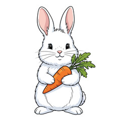 Obraz premium Adorable White Rabbit Sitting and Holding a Fresh Carrot and Green Leaves