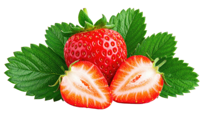 Ripe strawberry trio, one halved. Leafy garnish