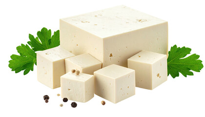 Creamy tofu cubes with parsley and peppercorns against black