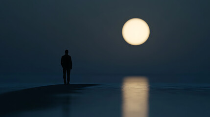 Silhouette of a lone figure stands at the water's edge under a radiant moon, capturing a moment of serene contemplation in the stillness of night. Reflective waters mirror light.