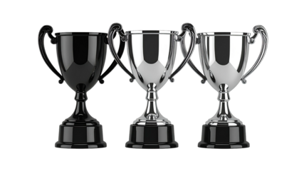 Row of trophies, black and shiny, on a black background