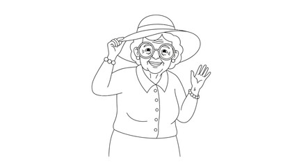 Charming senior woman in elegant hat, line art illustration, vintage portrait for coloring pages