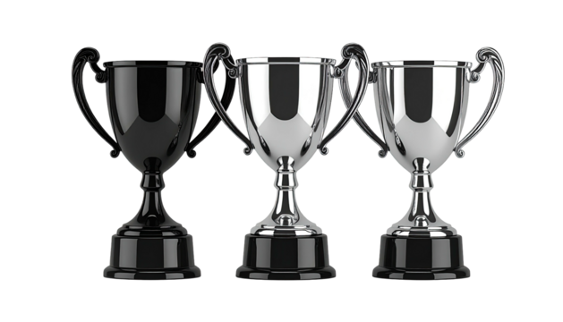 Row of trophies, black and shiny, on a black background - Powered by Adobe
