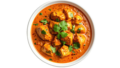 Chicken pieces in orange sauce with green cilantro, bowl
