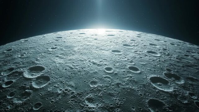 Highly detailed view of the moon surface with craters illuminated by cosmic light, representing space science, astronomy, exploration, and infinite mystery of the universe and celestial discovery.