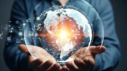 Hands holding a glowing digital globe representing global network - Powered by Adobe