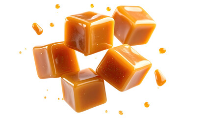 Floating caramel cubes with drips against black background