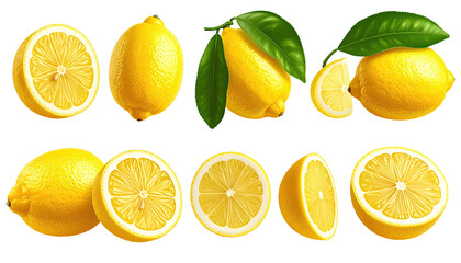 Lemons displayed whole, sliced, and with green leaves, on black