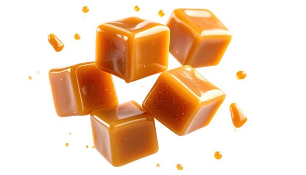 Floating caramel cubes with drips against black background