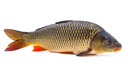 Profile of a carp, featuring scales, fins, and eye, on a stark white background