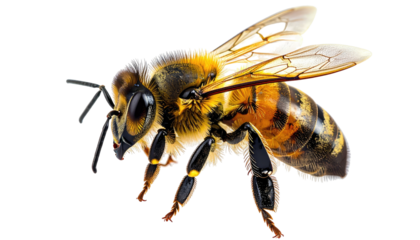 Honeybee in sharp focus against dark background