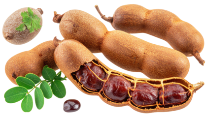 Ripe tamarinds, some broken open, alongside green leaves