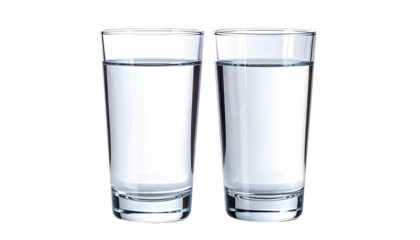 Two clear glasses filled about halfway with clear water