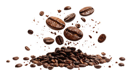 Cascading roasted coffee beans pile on black