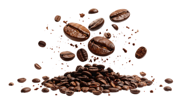 Cascading roasted coffee beans pile on black