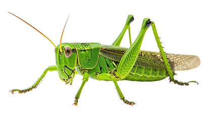 Green grasshopper with wings, perched on invisible surface