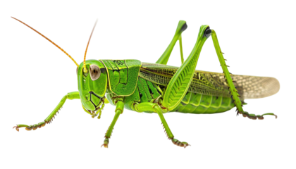 Green grasshopper with wings, perched on invisible surface