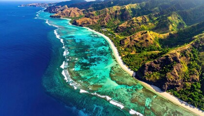 Aerial View Of A Tropical Island Coastline With Lush Green Hills White Sand Beach Turquoise Water And White Foamy Waves Under Bright Sunlight