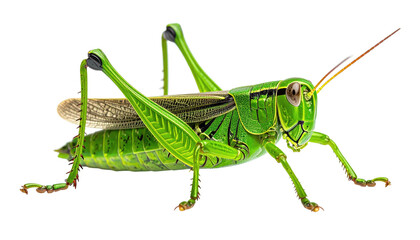 Bright-green grasshopper with long antennae on a black backdrop