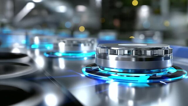 Defocused futuristic scene &mdash; faceless robotic sensors moving in harmony over produce trays, blue ambient light and metallic clarity, with copy space.