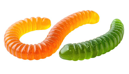 Two colorful, curved gummy worms against a black background