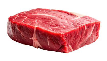Raw, rectangular chunk of red meat with streaks of white fat