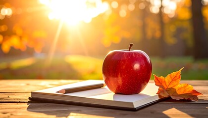 Red apple, open book, pencil, and autumn leaf on wood; sunlight bokeh backdrop