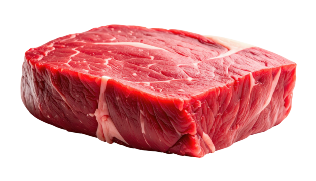 Raw, rectangular chunk of red meat with streaks of white fat