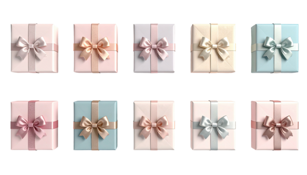 Ten pastel gift boxes arranged in two rows, tied with bows