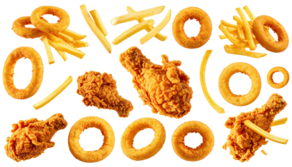 Scattered fried onion rings, fries, & chicken on a black background
