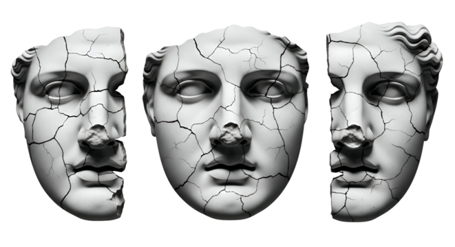 Three fragmented white marble busts with intricate cracks on black background sculpture