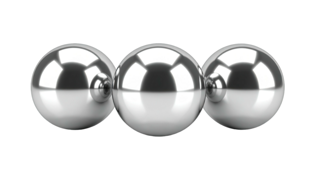 Row of three glossy chrome spheres isolated on a black background