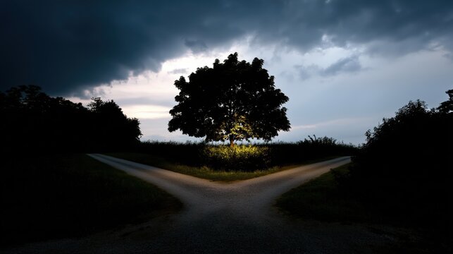 A conceptual crossroads splitting into two diverging paths. leadership visuals, business strategy presentations, motivational posters, decision-making workshops, life coaching materials, abstract art