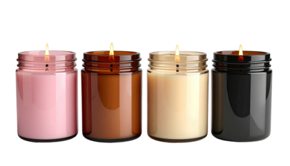 Row of four lit candles in colored glass jars, black background