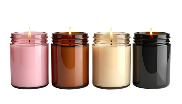 Row of four lit candles in colored glass jars, black background