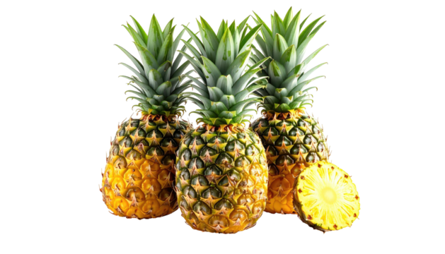 Three pineapples with green tops and a slice isolated