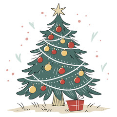 Green fir Christmas tree vector illustration with red ornament balls, star, and snow, perfect for winter holiday season decoration