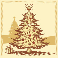 Merry Christmas holiday season card design with a decorated green pine tree, star, and colorful gift boxes in the snow