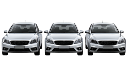 Three modern silver cars lined up, front view