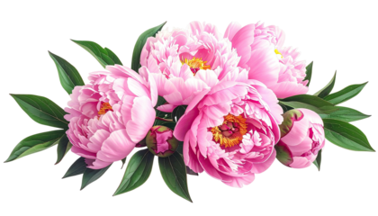 Pink peonies clustered, leaves surround; soft light, airy feel