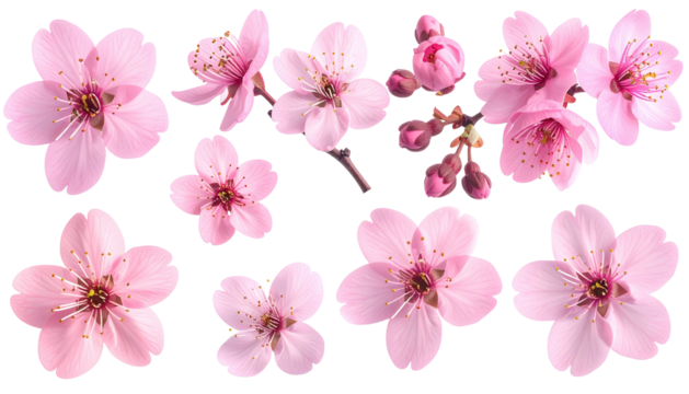 Pink cherry blossoms; buds and open flowers, on black background