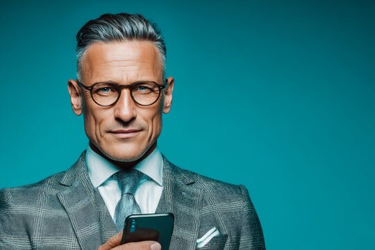 Professional charm: the art of business communication in a portrait. Color background. Dynamic office setting: executive's smile amidst urban backdrop. Visual identity. Product showcase. - Powered by Adobe