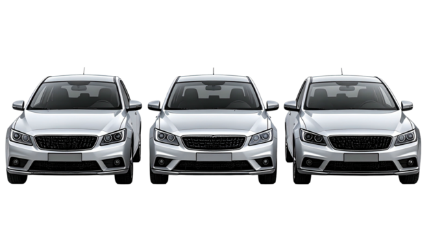 Three modern silver cars lined up, front view