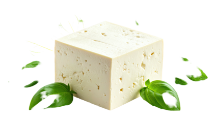 Cube of tofu with fresh basil leaves