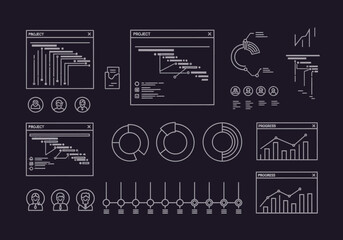 Clean outline project management data visualization icons set featuring charts timelines and user avatars.