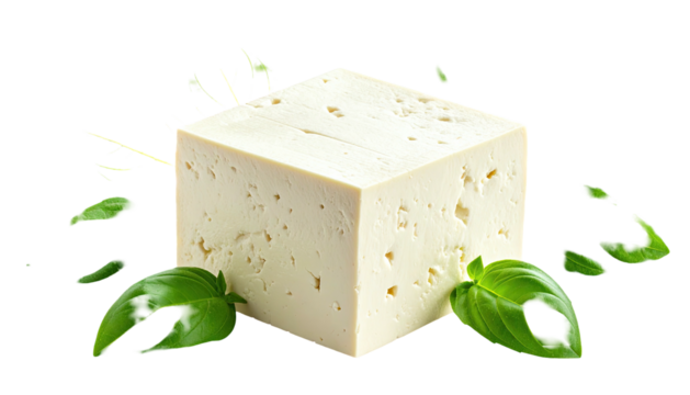 Cube of tofu with fresh basil leaves