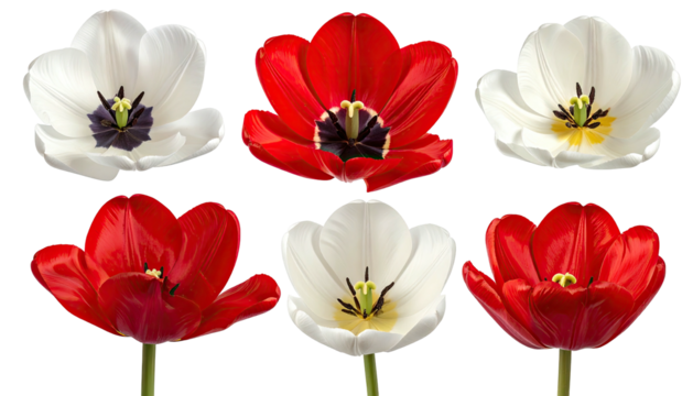 Six vibrant, open tulip flowers, red and white, on black