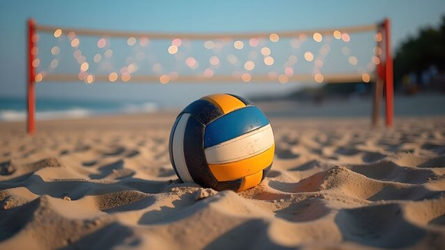 A colorful volleyball lies on the sand, with twinkling lights in the background. A New Year's atmosphere.