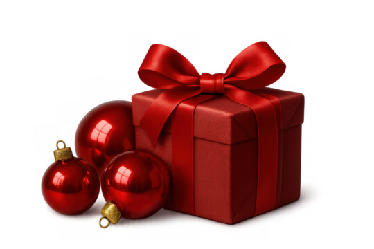 Red christmas gift box with ribbon and shiny baubles or ornaments, celebrating holiday season, transparent background - Powered by Adobe