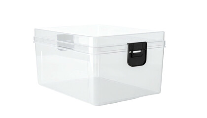 Clear plastic box with black latch, isolated on black backdrop